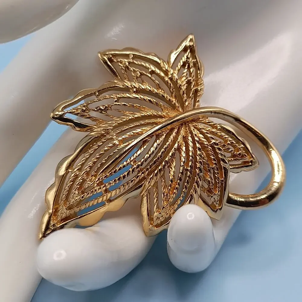 Vintage Monet Gold Plated Maple Leaf Brooch, 2 Inches, 1980s
